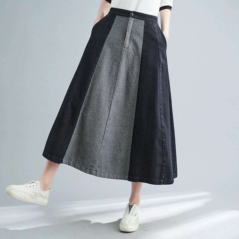 2024伸縮性のあるウエストAラインスカート着痩せ大きいサイズマキシスカートデニムスカート
