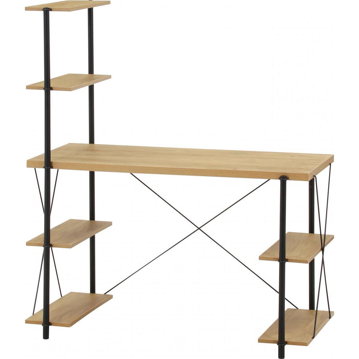 【I】不二貿易 EZBOワイヤーロック片袖デスク ナチュラル オーク/ブラック EZ-DK120　机 棚付き PCデスク 木目調 【北海道・沖縄・離島不可】【代引き不可】c