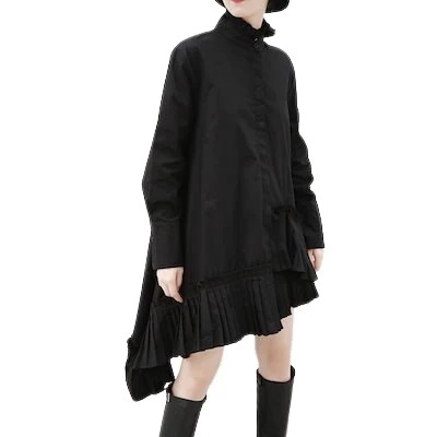 2022春 フリル スタンドカラー 斜めそで口 不規則長袖ブラウス 中丈 ブラウス