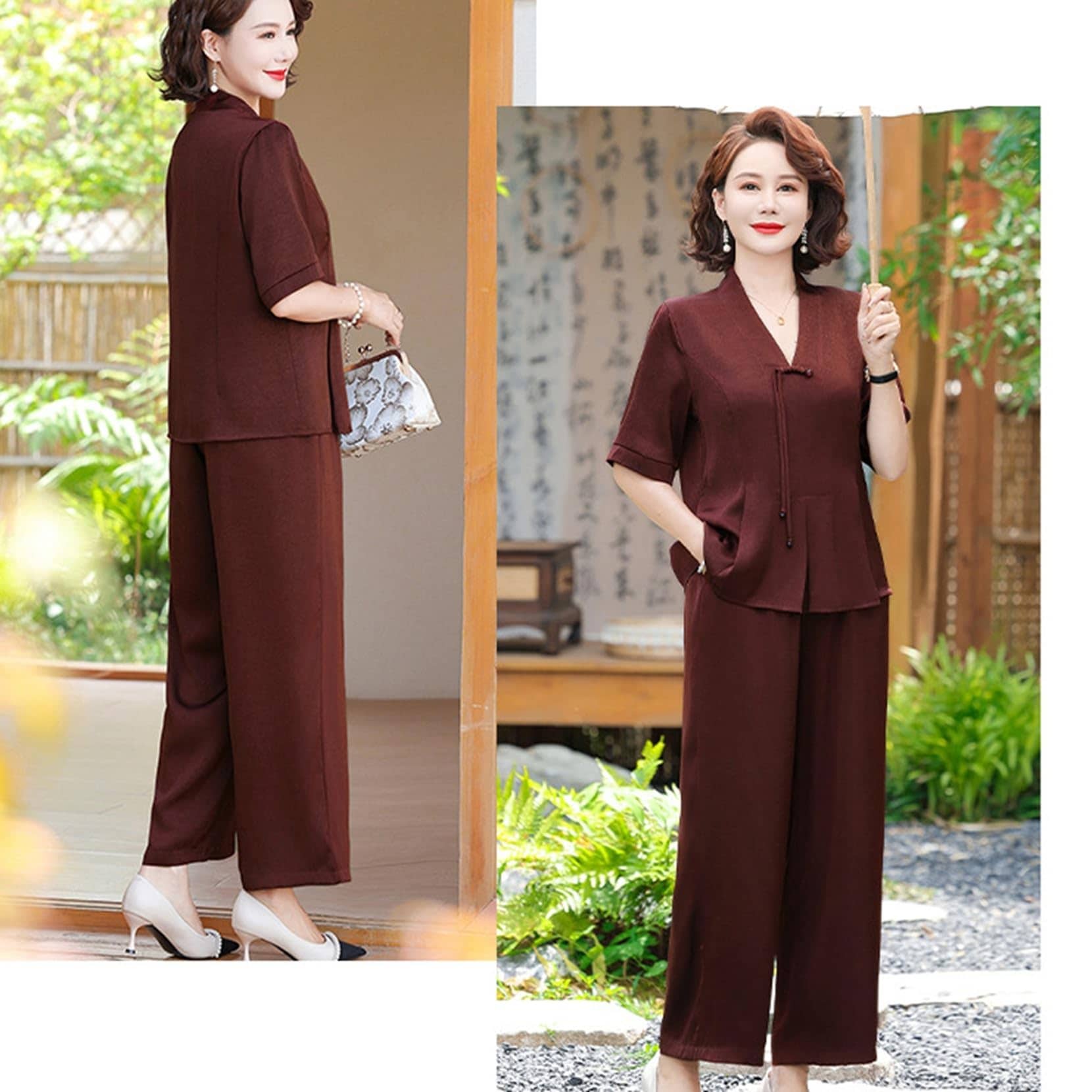 【2点セット】シニアファッション tシャツ 半袖 チュニック 婦人 中高年 Vネック レディース セットアップ 夏着 9分丈パンツ ズボン 唐風 ゆったり 通気性 涼しい 敬老の日 シニア 高齢者