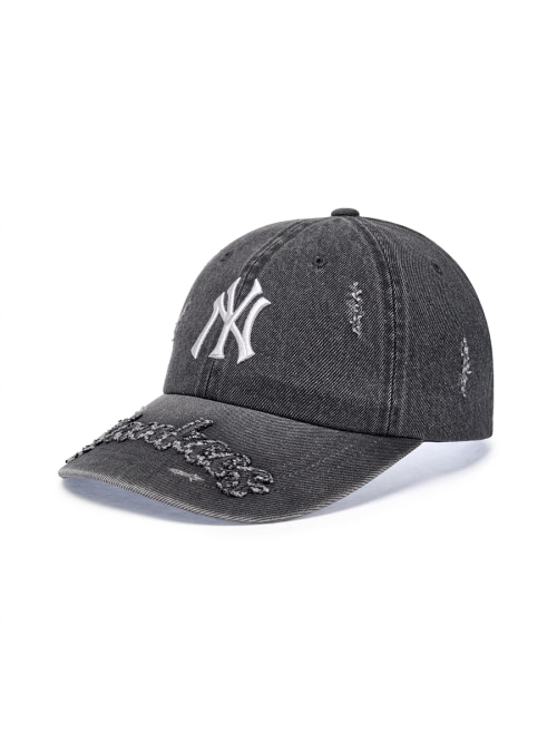 【MLB】 VINTAGE DESTROYED DENIM UNSTRUCTURED BALL CAP NY BLACK キャップ 正規品