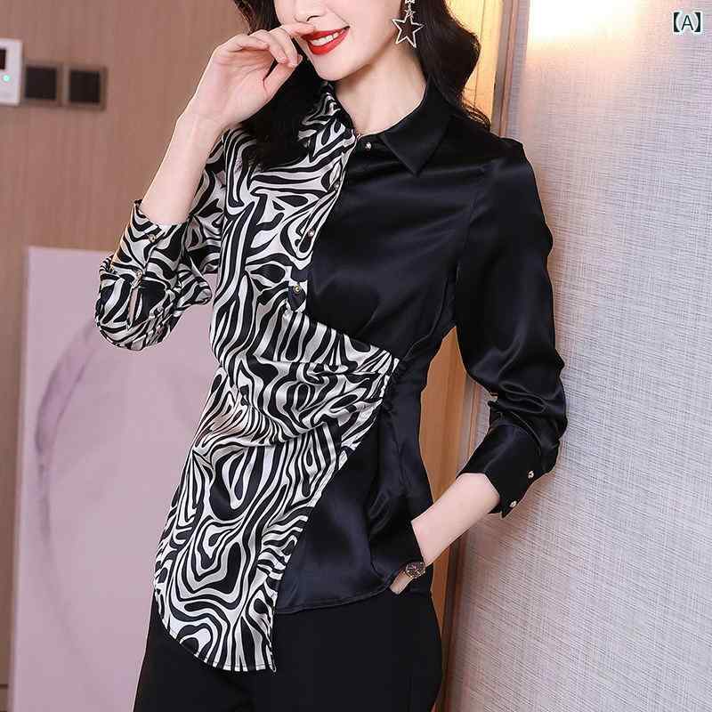 レディース シャツ ブラウス トップス 長袖 シャツカラー ゼブラ柄 モノクローム スタイリッシュ モダン おしゃれ オフィス ビジネス