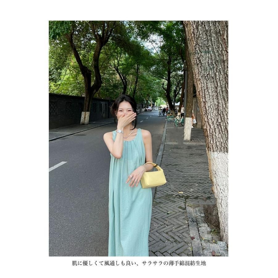 タンクワンピース 夏 レディース 森ガール ワンピース 体型カバー ノースリーブ 背中開き 肌見せ ロングワンピ Aライン ギャザーワンピース