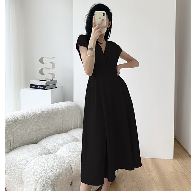 ワンピース 膝下 ミモレ ミモレ丈 袖あり フレンチスリーブ Vネック スリム ウエストリボン ハイウエスト きれいめ シンプル 大人 上品 おしゃれ 大人女子 こなれ感 クール セクシー