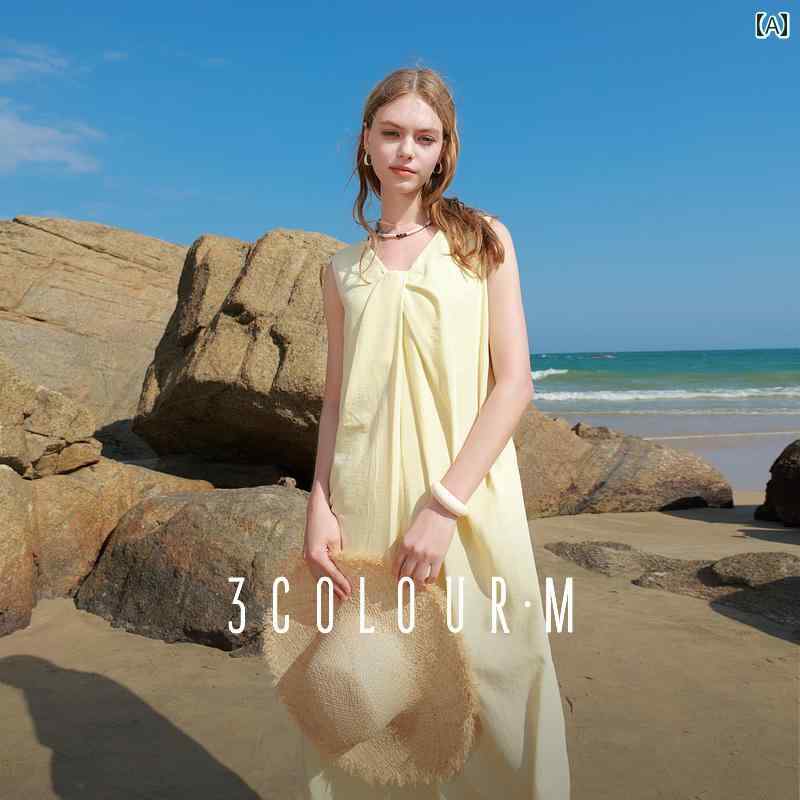 ワンピース　ドレス　おしゃれ 3 色 2025夏の イミテーション コットン＆ リネン ワンピース ノースリーブ ツイスト ベスト ロング スカート ホリデー スタイル 女性 M