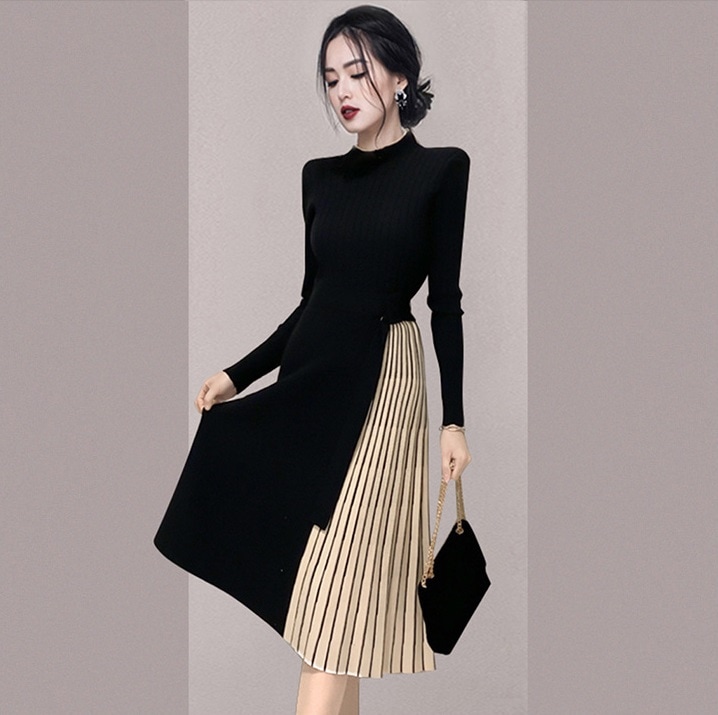 韓国ファッション　バイカラープリーツニットワンピース　レディース秋冬プリーツ