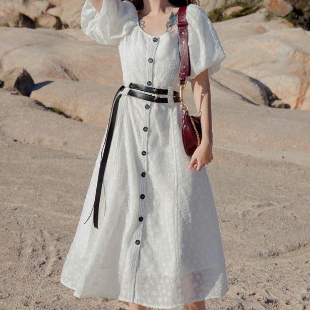 ワンピース フレアワンピース 膝下 ミモレ ミモレ丈 袖あり 半袖 ボリューム袖 Uネック フレア セミフレア ベルト ウエストマーク 前開き 大人可愛い きれいめ おしゃれ お洒落 大人女子