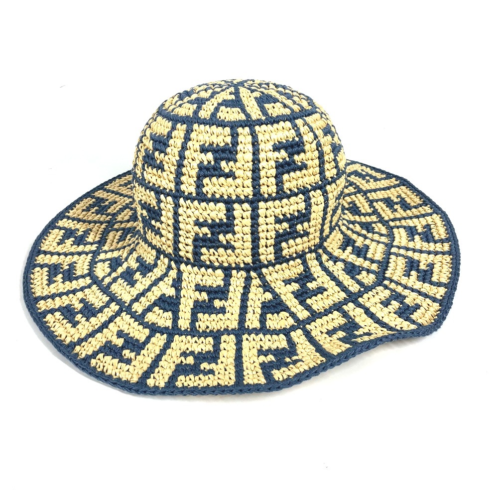 ハット ズッカ FF柄 ハット帽 帽子 バケットハット ボブハット ラフィアハット 麦わら帽子 コットン ブルー