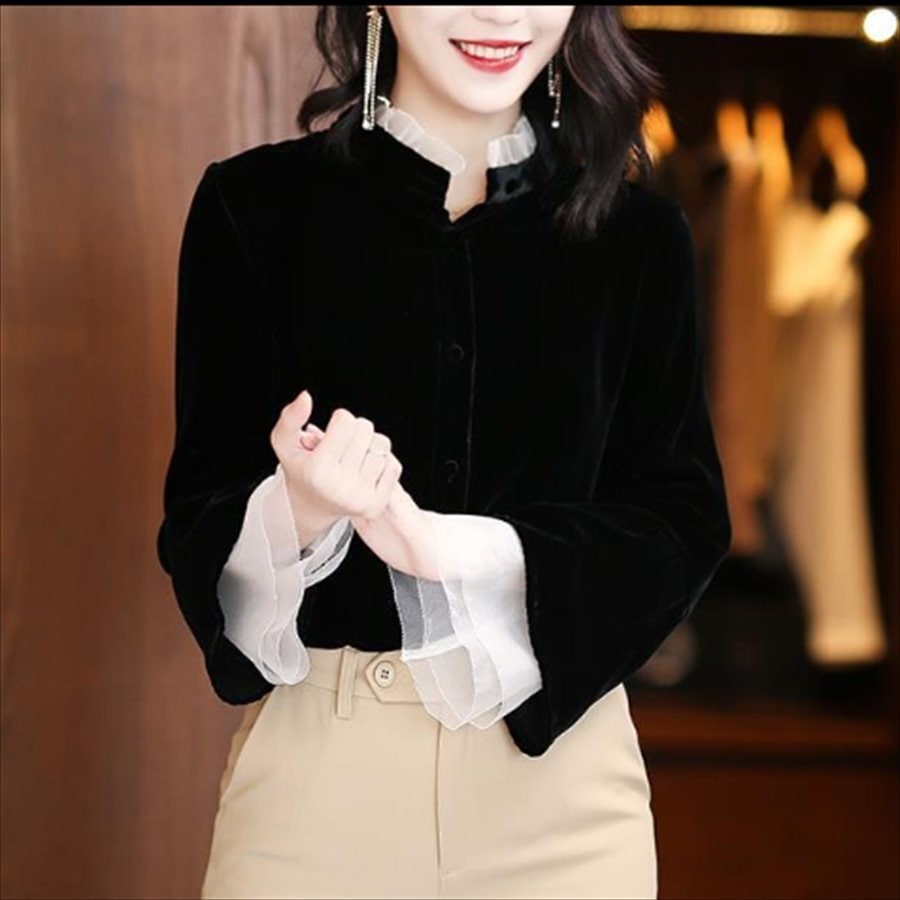 トップス ブラウス セーター 萌え袖 袖あり 長袖 フレア袖 フレアスリーブ クルーネック プルオーバー 異素材切り替え ドッキング ベロア かわいい 大人可愛い 大人女子 こなれ感