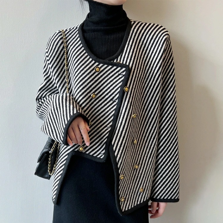 ジャケット レディース ノーカラー 柄 ストライプ ボーダー おしゃれ カジュアル クール 個性的 アンシンメトリー アウター コート ダブルボタン