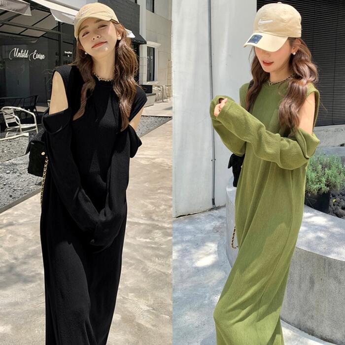 ワンピース ニット ドレス ワンピ カットアウト レディース エレガント きれいめ カジュアル ロング丈 長袖 大人 可愛い フェミニン 肌見せ ゆったり 楽ちん シンプル ナチュラル 韓国 グリーン