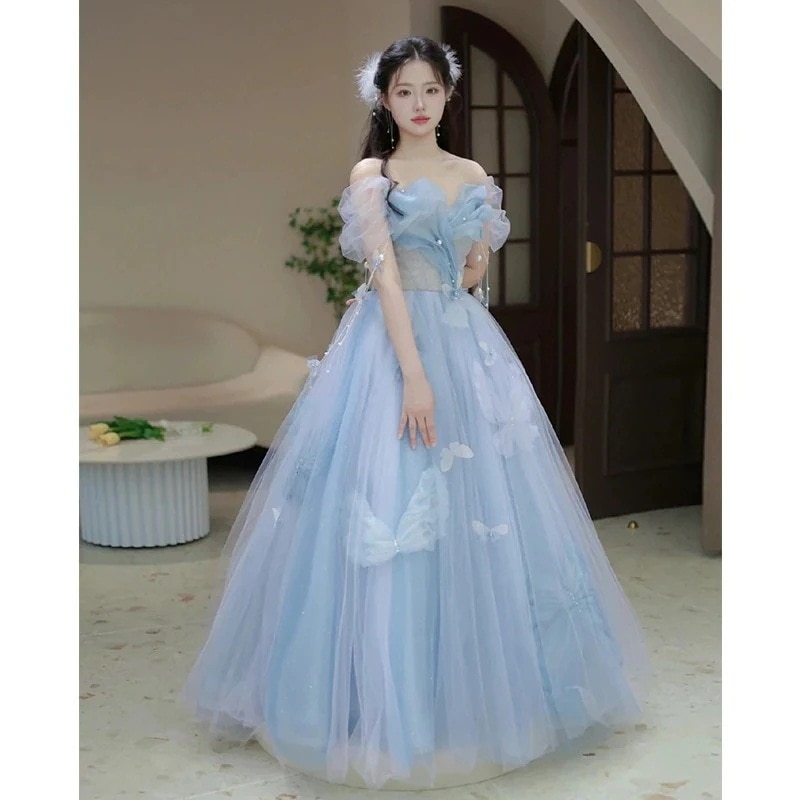 女性用ブルー宴会ドレス2025ハイエンドドレス妖精ドレス