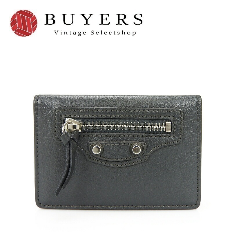 中古 【極美品】BALENCIAGA バレンシアガ 477455 クラシック ミニウォレット コンパクト財布 小銭入れ付き レザー グレー 灰色 レディース 女性 小物 箱付き CLASSIC
