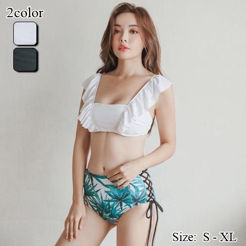 【グラシア】 水着 ハイウエスト レディース ビーチウェア スイムウェア 流行 海 プール ビキニ フリルショルダー フリル レースアップ バンドゥ ビキニ 愛らしい 大人 肌見せ レース ホワイト