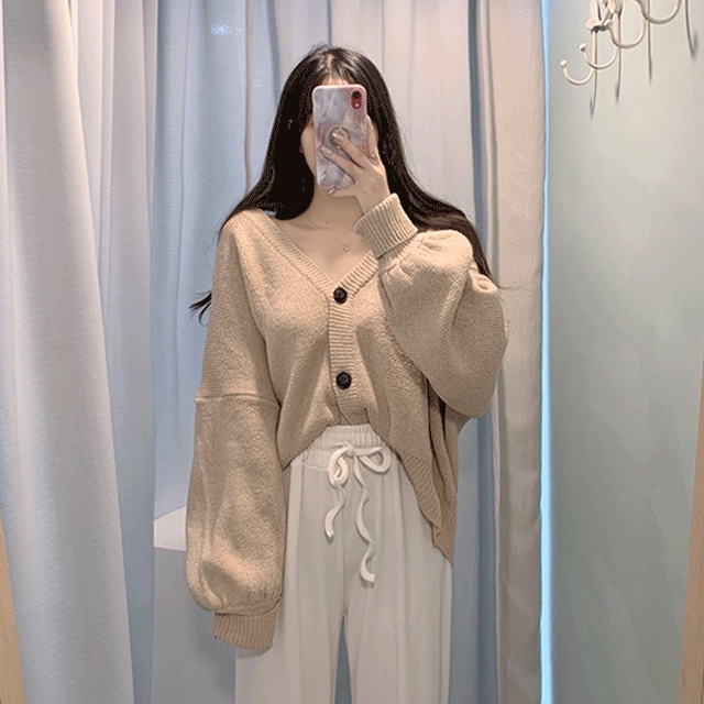 [高クオリティー原糸]バルキリー パフ バルーン袖 ブイネック ニットカーディガン(アイ/ベージュ/ブラック)ルーズフィット/オーバーフィット