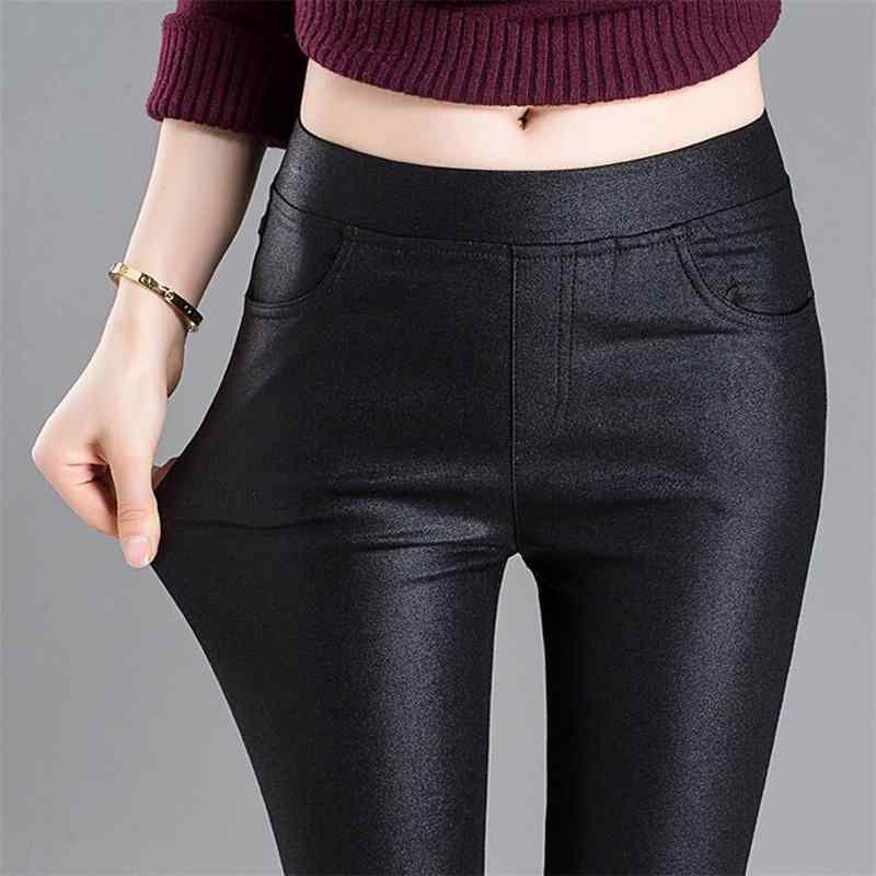 パンツ レディース 秋 冬 アウター 着 マット レザー 伸縮性 ウエスト ゴムコーティング PU イミテーション レザー ベルベット ペンシル