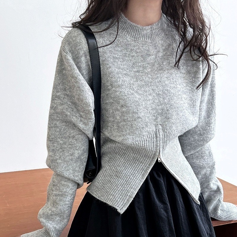 ニットセーター 細見え ウエストジップ ウエストリブ 黒 白 韓国 レディース オルチャン ウエスト細見え ブラック 茶色 ブラウン オフホワイト グレー ボーイッシュ ファスナー 袖リブ