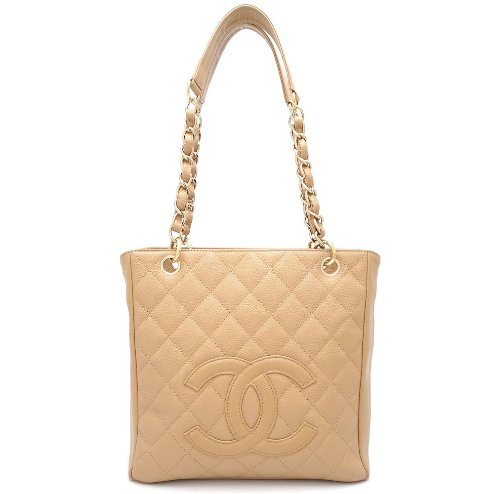 チェーントートPST A50994 トートバッグ キャビアスキン ベージュ/351920【中古】