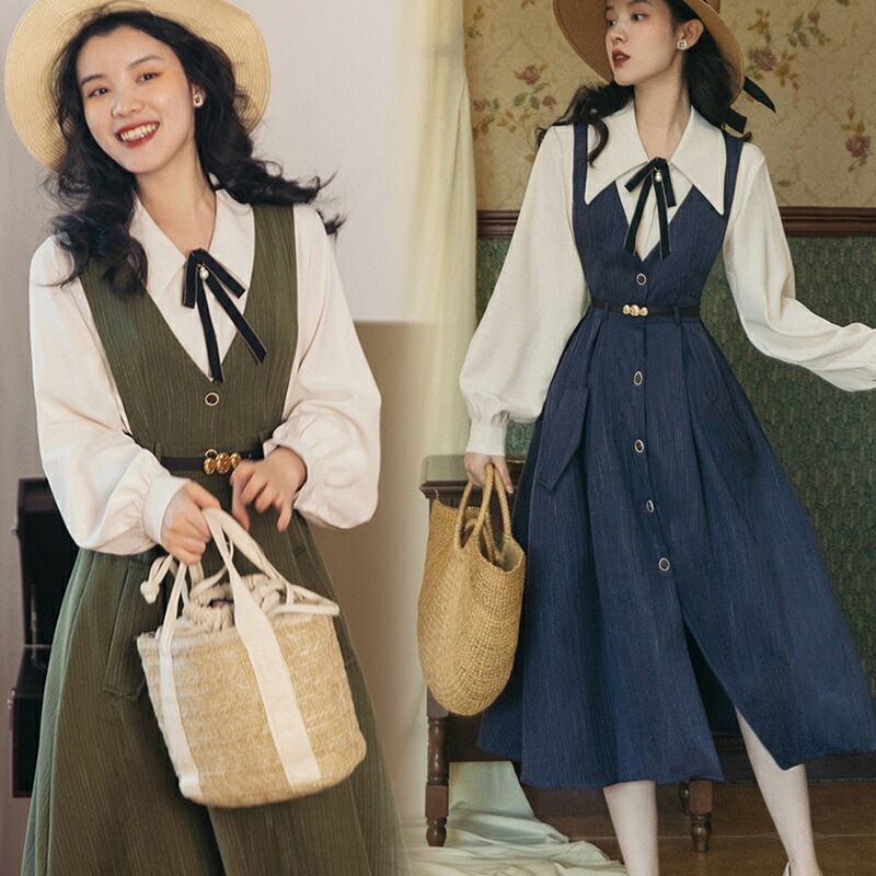 秋 冬 大きいサイズ レトロ レトロワンピース レディース ワンピース レディースセットアップ ジャンパースカート ブラウス 2点セット サロペット スカート 60年代 昭和レトロ きれいめ