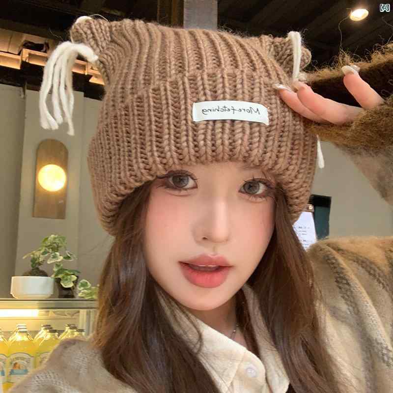 レディースファッション　ファッション小物　オシャレ タッセル 猫耳 ニット 帽 秋冬 韓国 顔 小柄 ウール 帽子 大きい頭囲 暖かい 耳保護 プルオーバー ハット