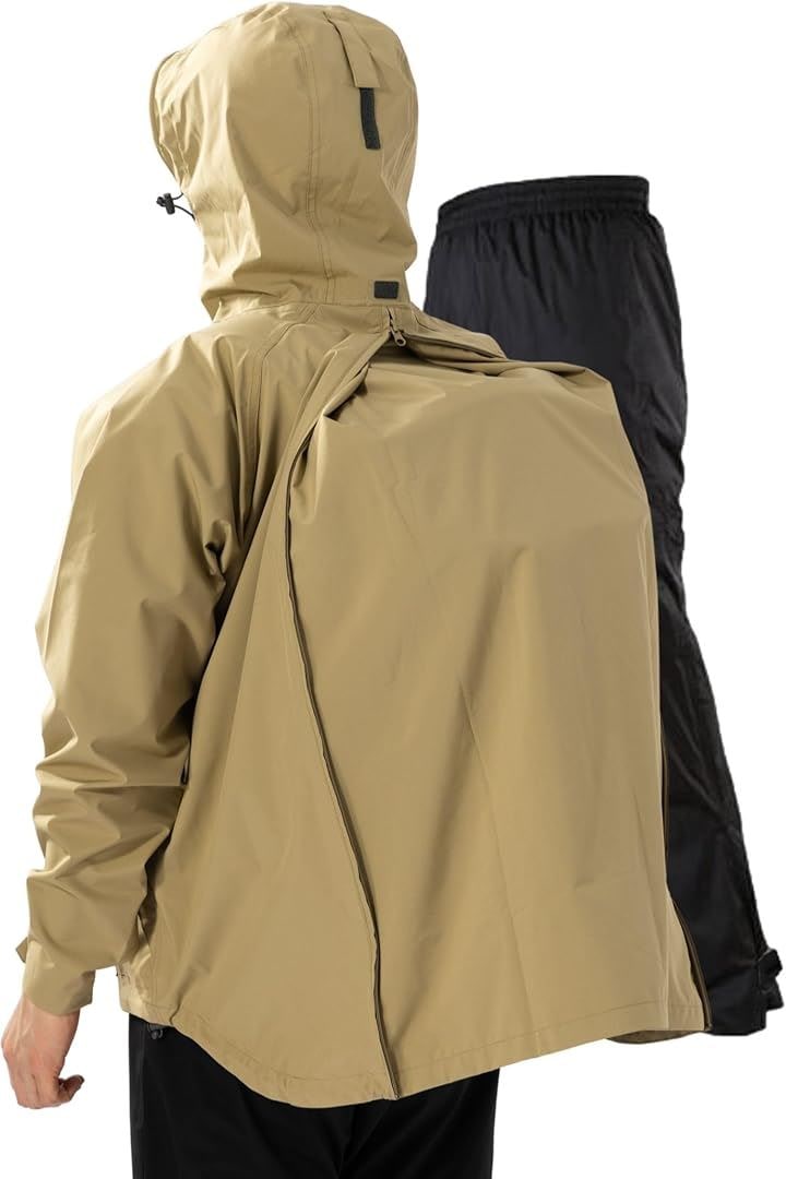 リュックも濡れない レインウェア 上下セット メンズ 防水 雨具 カッパ 自転車 サイクル レインパンツ 登山 釣り バイク(ベージュ, L)