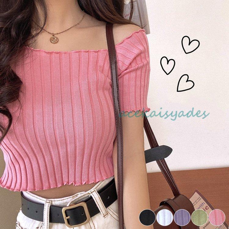 【2025新作SALE】Tシャツ レディース スクエアネック 肩見せ 半袖 ショート丈 リブ オフショルダー 黒 グリーン パープル 白 ピンク JPファッション