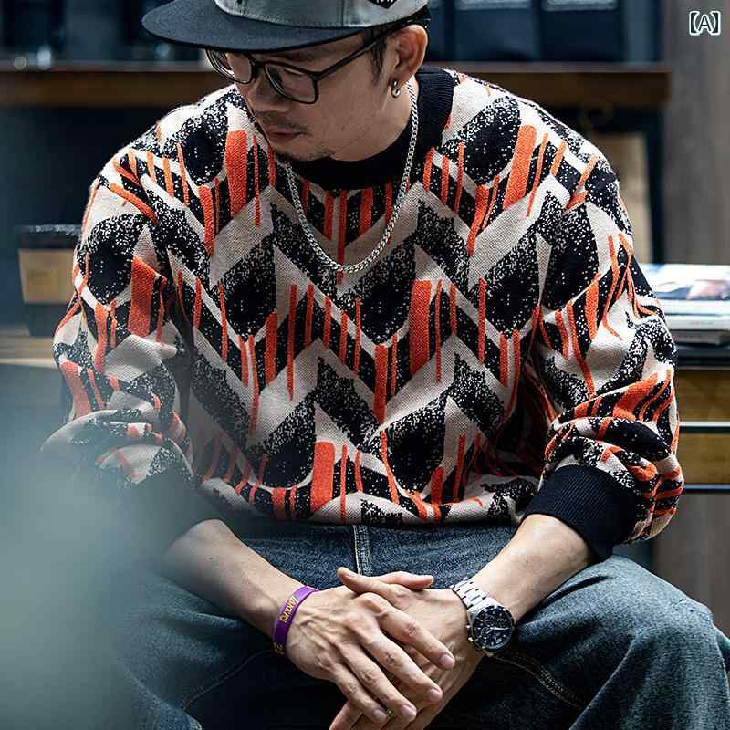 メンズ 男性用 ファッション オシャレ シンプル 大人 かっこいい ストリート ヒップホップ HipHop アメリカンン 冬 ラウンドネック セーター ジャカード 大きいサイズ セーター 秋冬 ニット