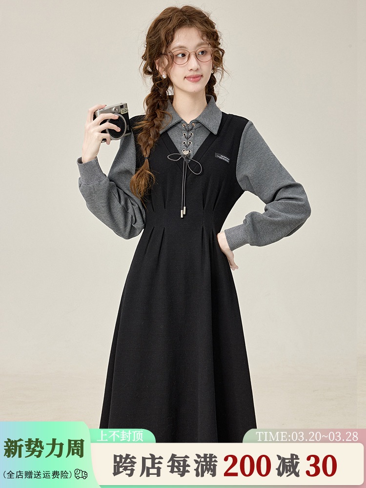 三寸薯【学院少女】気質通勤偽黒ワンピース女子教資面接ウエストスカート