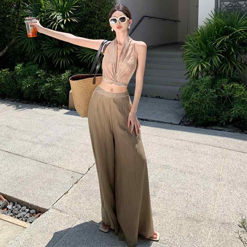レディース ファッション ビーチ 休暇 写真撮影 ドレープ ビーチ パンツ スーツ スタイル チャイナ風 ハイウエスト ワイドレッグ モップパンツ リゾート ルーズフィット エアリー 旅行 スタイリッ