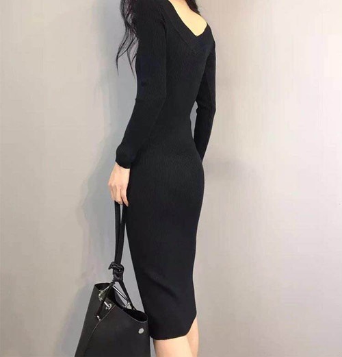 A1208　Vネック　ニットロングワンピース