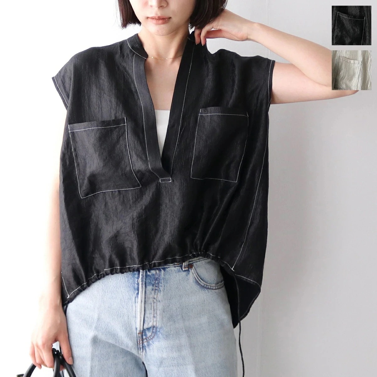 LHELBIE レルビエ スキッパーシャツ 52150M-2 レディース ブラウス ノースリーブ ワッシャー サテン セットアップ可能 カラー2色