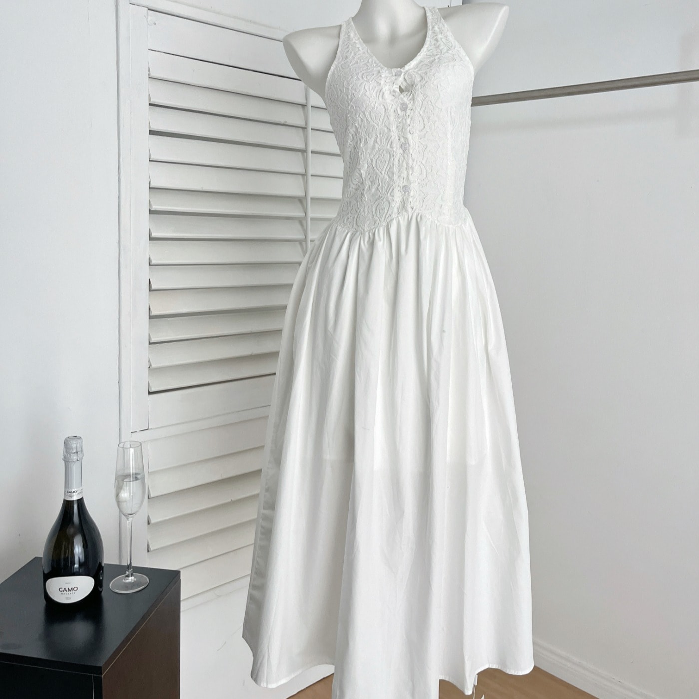 【急速出荷】栗ココアピンク首掛けワンピース女レースパッチワークフレンチロングスカート