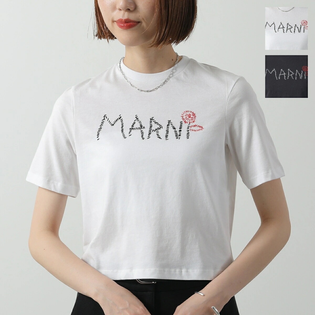 MARNI KIDS マルニ キッズ Tシャツ M01444 M00V4 レディース ガールズ 半袖 ステッチロゴ ショート丈 クルーネック カラー2色