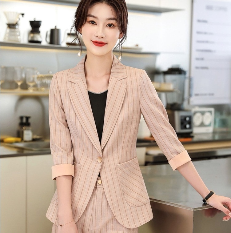春カラースーツセット ストライプ柄スーツジャケット パンツスーツセット 七分袖カジュアルスーツジャケット トップス ボトムス パンツ アウター ジャケット 上着 スーツ ストレートパンツ 9分丈
