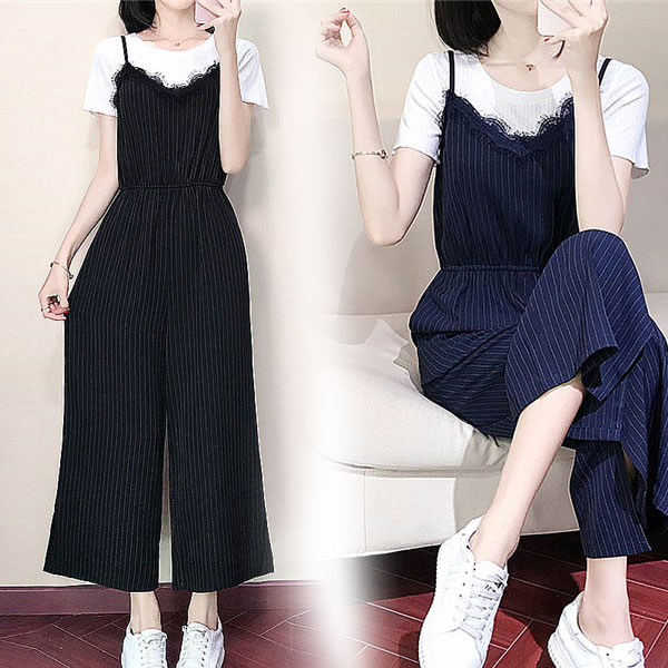 サロペット オールインワン レディース パンツ ワイドパンツ ガウチョ オーバーオール カジュアル 大きいサイズ 体型カバー ボーダー柄 送料無料