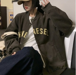 アウター ブルゾン ジャンパー ジャケット スタンドカラー ルーズ 長袖 綿 通勤 春 秋 レギュラー丈 グレー 灰色 ベージュ S M L XL 2XL ロゴ コットン カレッジ風 袖あり かわいい