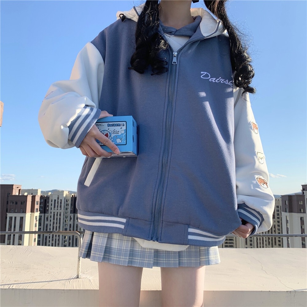 アウター ブルゾン ジャケット ジャンパー ベースボールジャケット ミディアム丈 半端丈 長袖 ボリューム袖 ドロップショルダー 萌袖 ワイド 切り替えデザイン ファスナー ポケット リブ 前開き