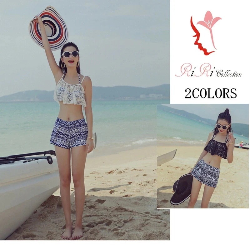 水着 ４点セット MIZUGI ビキニ レース -f017 レディス水着 上品 オシャレ オフショルダー 幾何柄 ビスチェ バンドゥ フリル 海外旅行 新婚旅行 タンキニ 大きいサイズ エスニッ