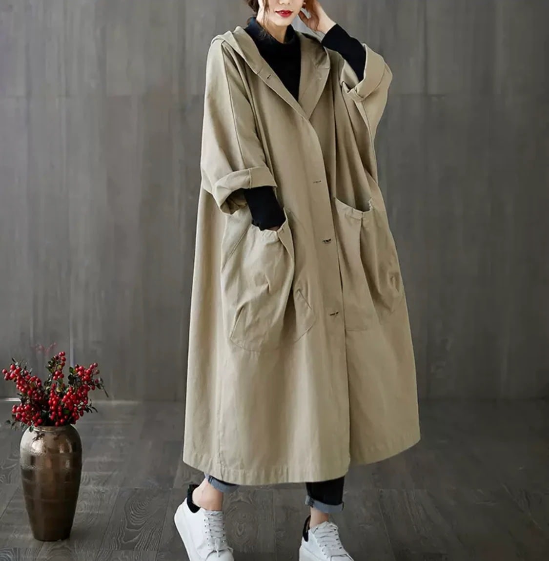 アウター トレンチコート風 フード付き コート ロング Vネック 襟付き ストレート ポケット付き 前開き ポリエステル きれいめ シンプル カジュアル 大人 上品 おしゃれ お洒落 かっこいい