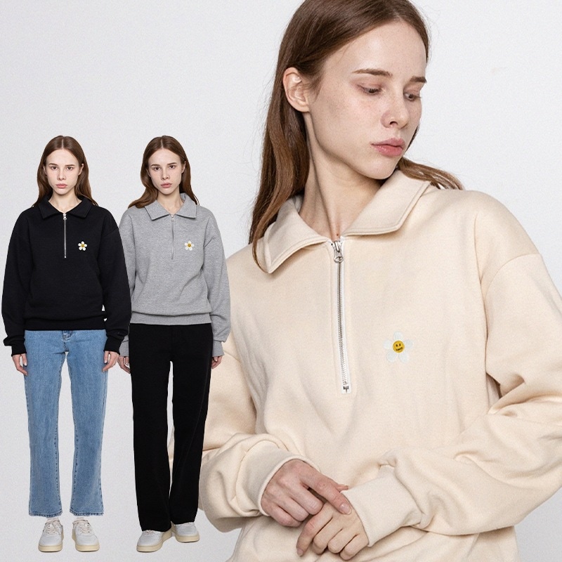 [UNISEX-P]Flower Dot Embroidery Collar Half Zip-Up Sweatshirt_3color