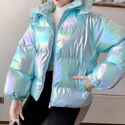 オーロラカラー 光沢 ダウン風 中綿ジャケット アウター コート ブルゾン 上着 もこもこアウター