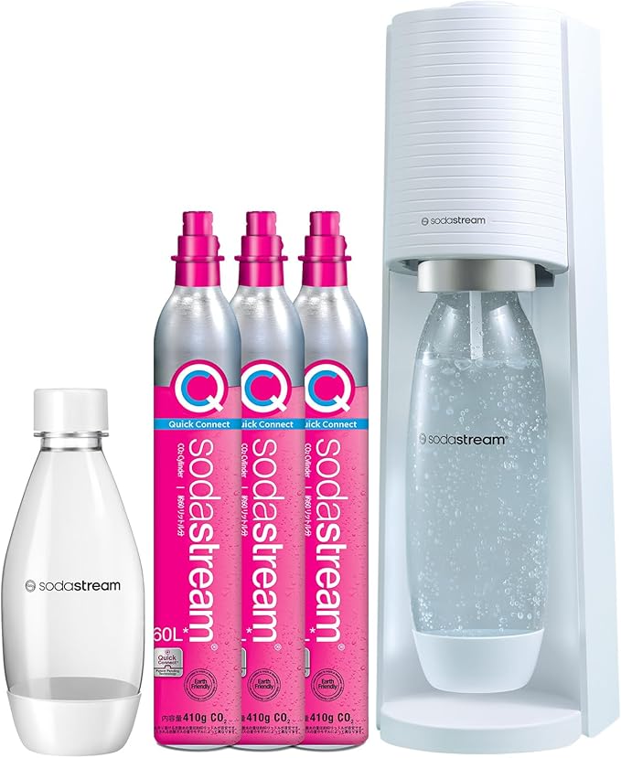ソーダストリーム TERRA (テラ) スターターキット ガス増量特別パッケージ ホワイト マシン本体 60Lガス3本 ボトル2本 (1.0L＆0.5L) のセット 炭酸水メーカー 電源不要 カート