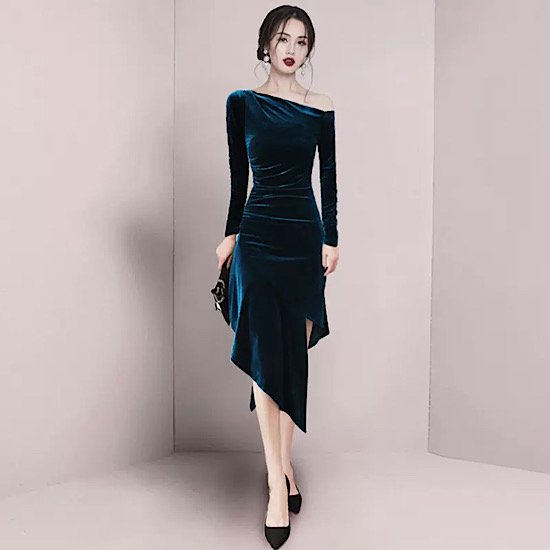 【取寄:納期2週間】結婚式ドレス ワンショルダー イブニングドレス スリム アシンメトリー ベルベット 発表会 演奏会 レディース タイト 長袖 膝丈 結婚式 ステージ衣装 エレガント