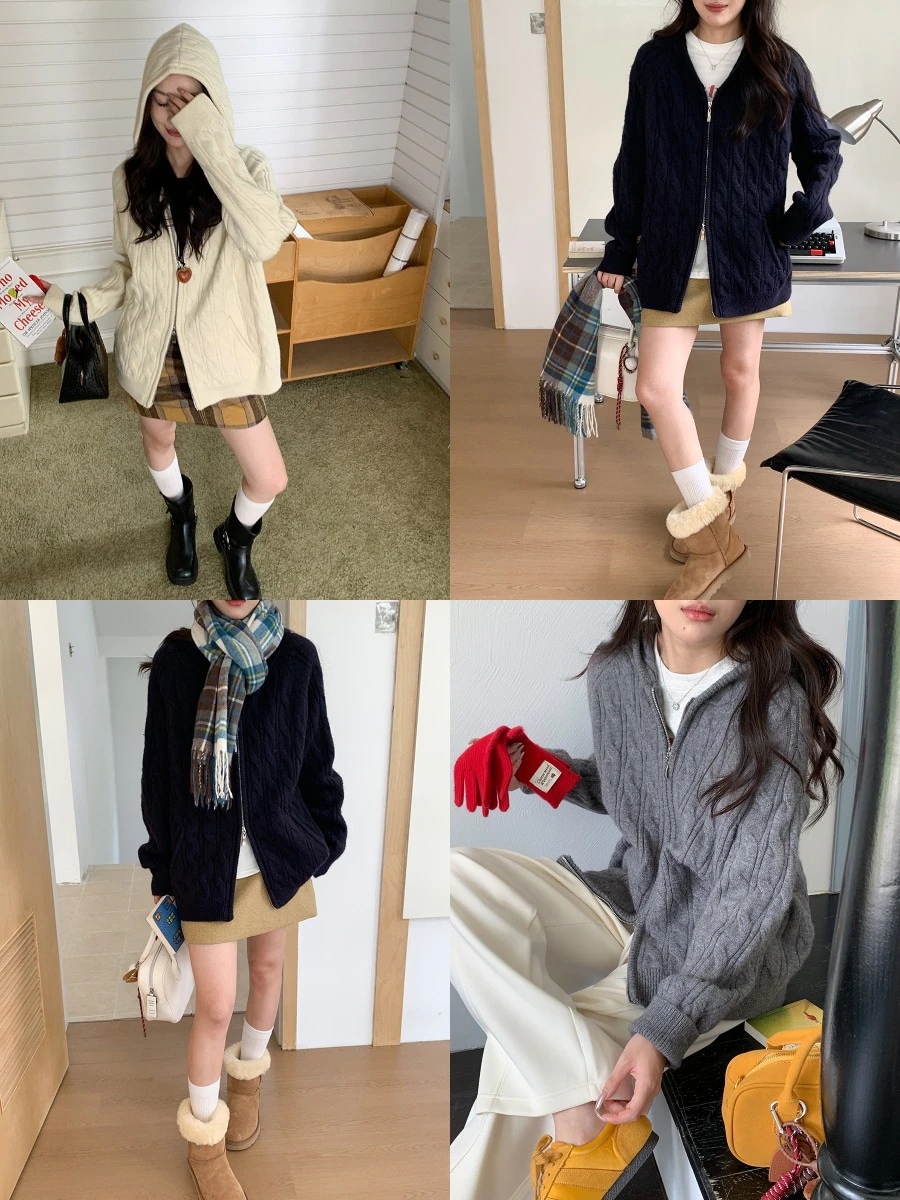 ダブルジップ アラン編み フード ミドル ケーブル編み オーバーフィット アウター [3カラー]