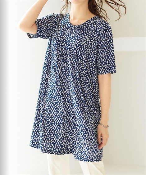 チュニック シニアファッション フリルタックプリントチュニック