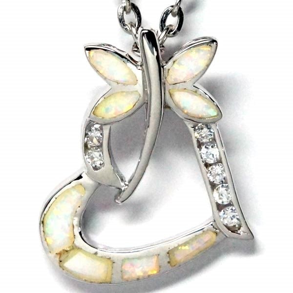 シルバー925 ペンダント ネックレス ホワイトオパール クリアジルコニア トンボ ハート レディース