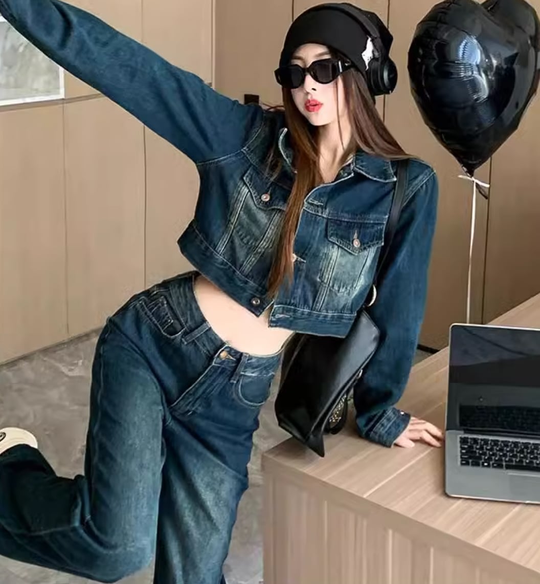 セットアップ レディース トップス ジャケット パンツ ボトムス アウター 上着 前開き デニムジャケット Gパン ストレートパンツ ワイドパンツ 丈長 フルレングス 長袖 襟付き ストリート 前開き