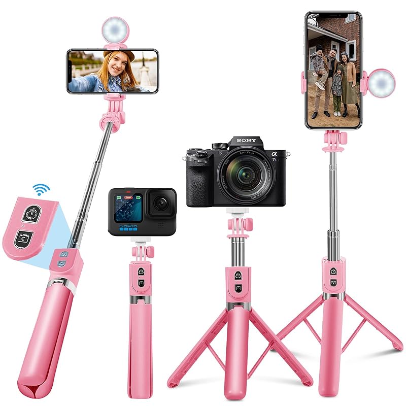 自撮り棒三脚, じどり棒 Bluetooth リモコン セルカ棒 130cmまで9段階伸縮 スマホスタンド美容LEDライト付き 360回転 + 240可調節 折りたたみ式で 持ち運び便利 スマホ