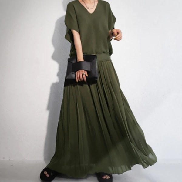 夏を楽しむ ファッションベルト付きドルマンスリーブVネック切り替えカジュアル ワンピース