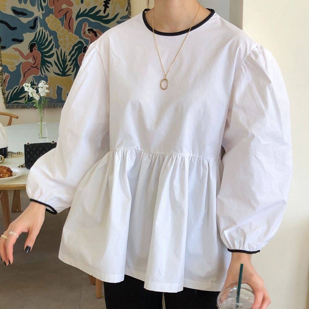 長袖 バイカラー パフスリーブ レディース ホワイト 清潔感 フェミニン ペプラムシャツ カジュアル バックリボン 無地 ブラウス ラウンドネック パイピング トップス 袖あり シャツ 大人カジュアル